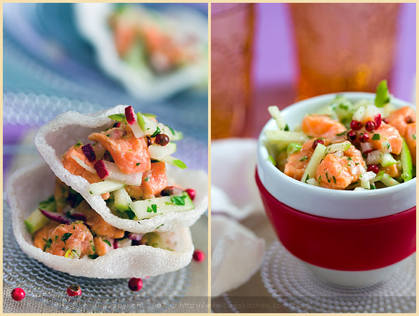 salmon tartar fish prawn crackers