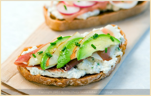 tartine pear avocado ricotta prosciutto